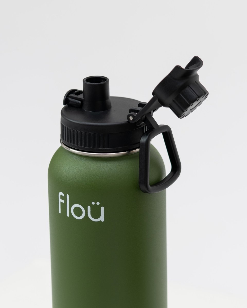 Insulated water bottle with an opened lid