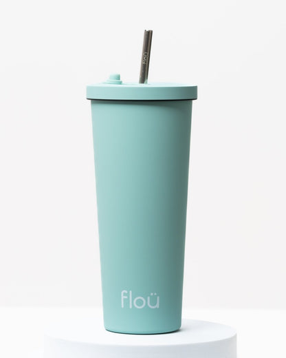 Stylish insulated stainless steel tumbler, with steel straw. - bluish white