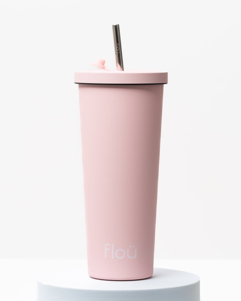 Stylish insulated stainless steel tumbler, with steel straw. - baby pink