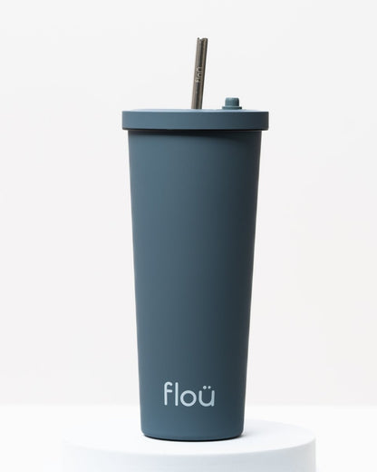 Stylish insulated stainless steel tumbler, with steel straw. - gray