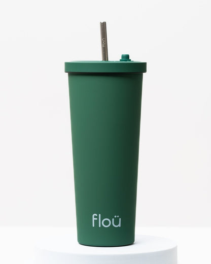 Stylish insulated stainless steel tumbler, with steel straw. - moss green