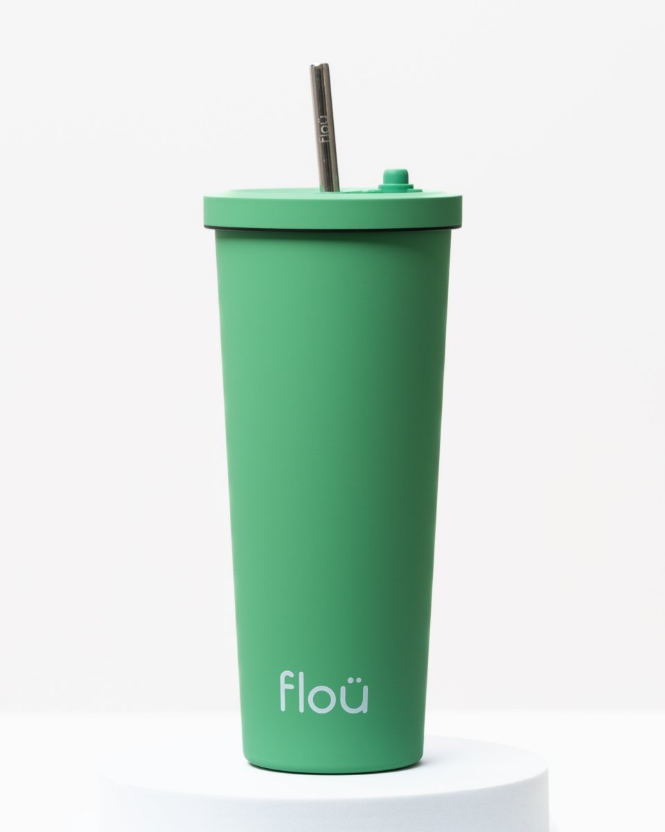 Stylish insulated stainless steel tumbler, with steel straw. - pea green