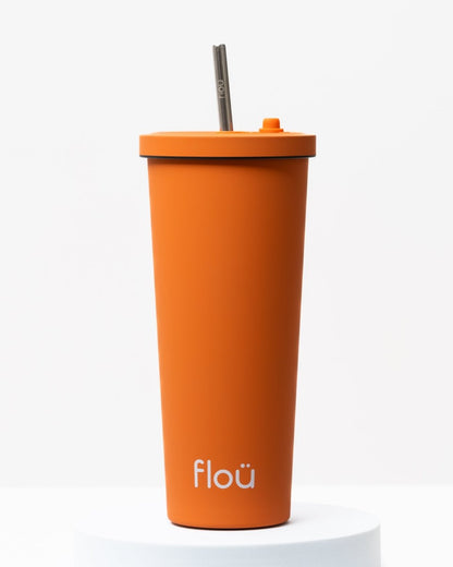 Stylish insulated stainless steel tumbler, with steel straw. - orange