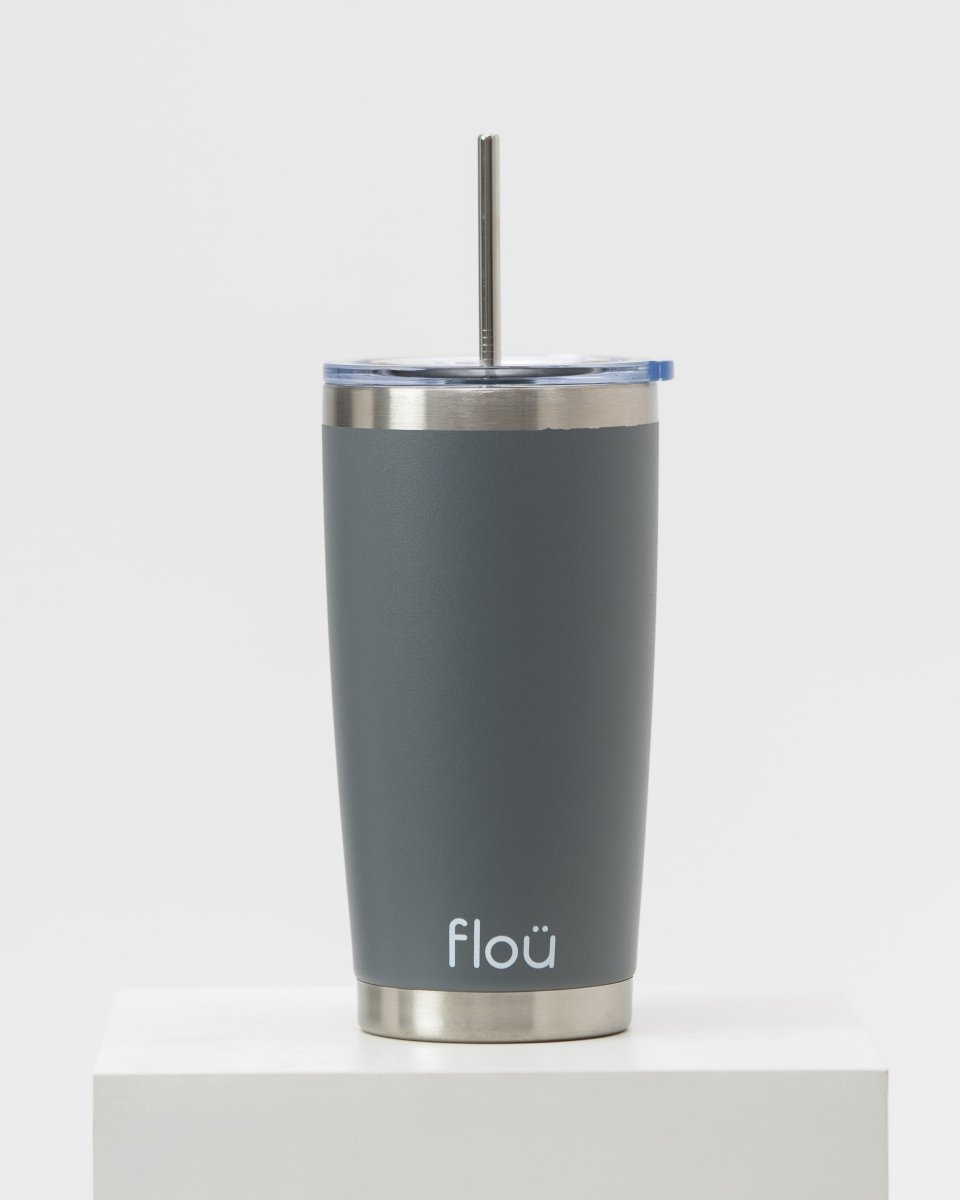 Gray insulated tumbler with steel straw 20 oz