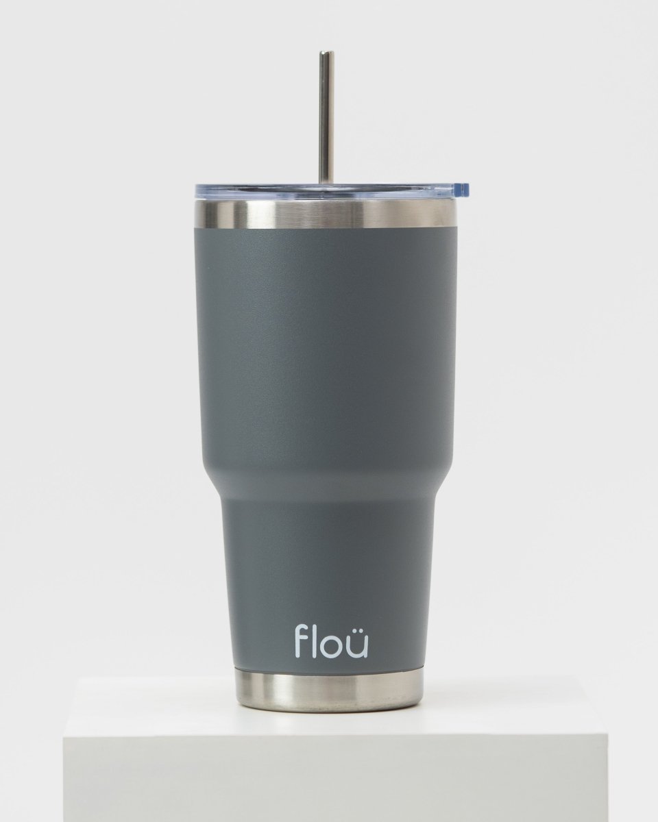 Gray insulated tumbler with steel straw 30 oz