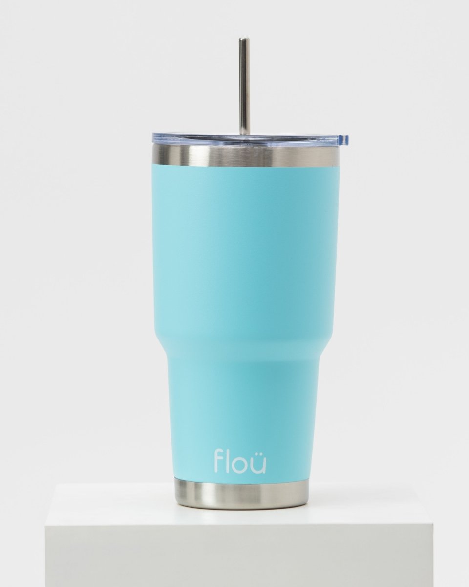 Light blue insulated tumbler with steel straw 30 oz