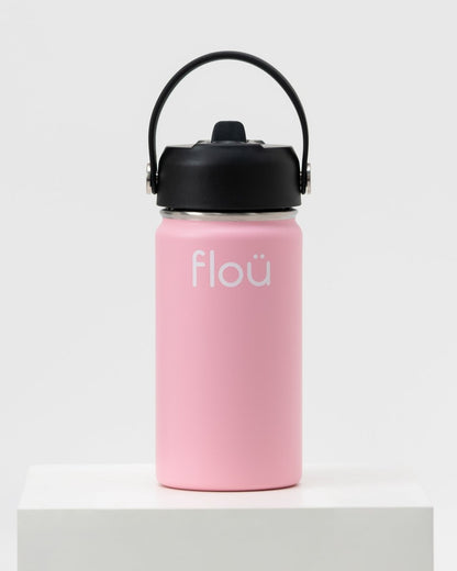 Pink insulated water bottle for kids with handle lid and straw.