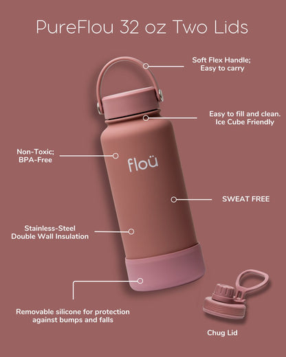 PureFlou Wide Mouth Sport Water Bottle 32 oz - floü - Insulated Large Capacity