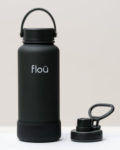 32 oz black double wall insulated water bottle with 2 lids.