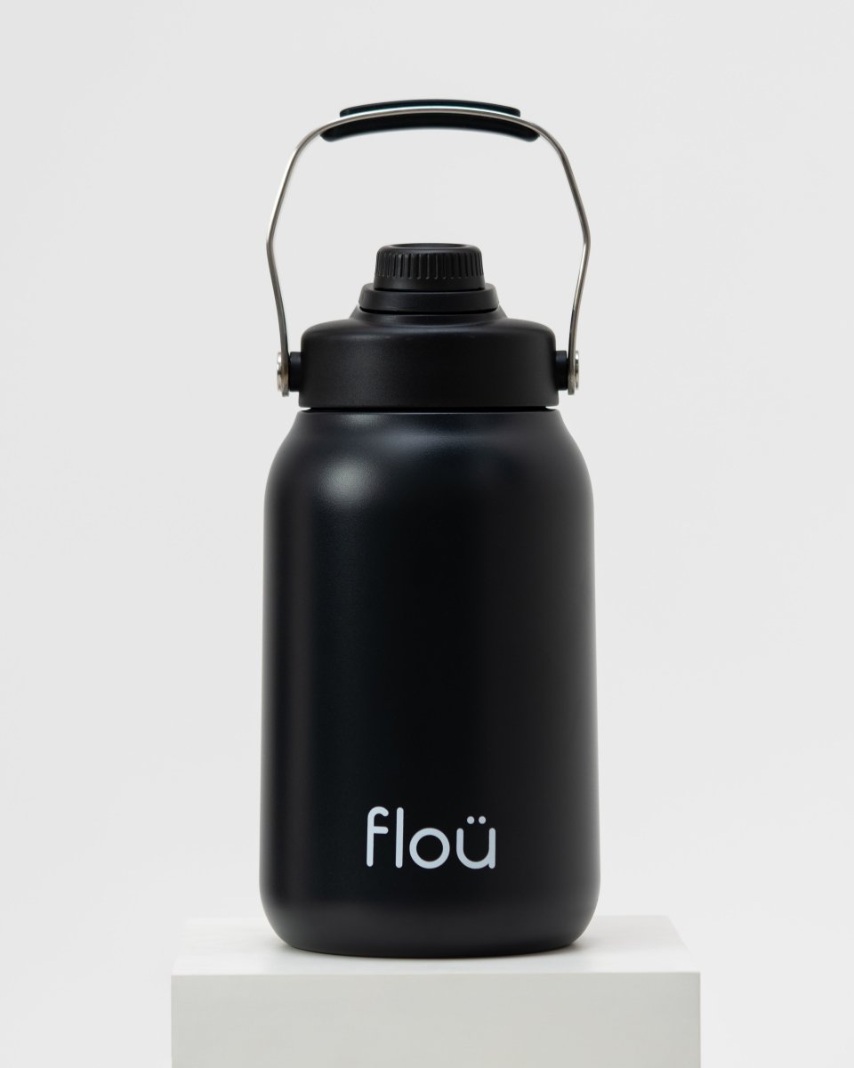 black insulated stainless steel water jug with metal handle