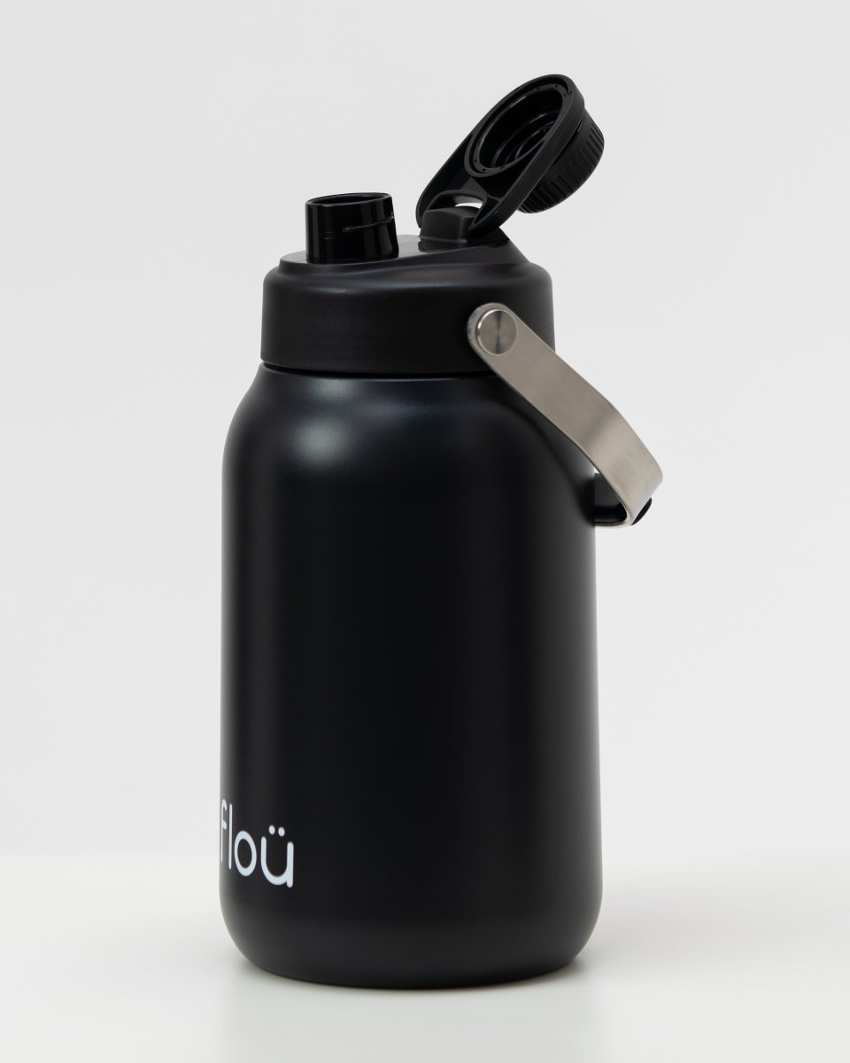 black insulated stainless steel water jug with metal handle