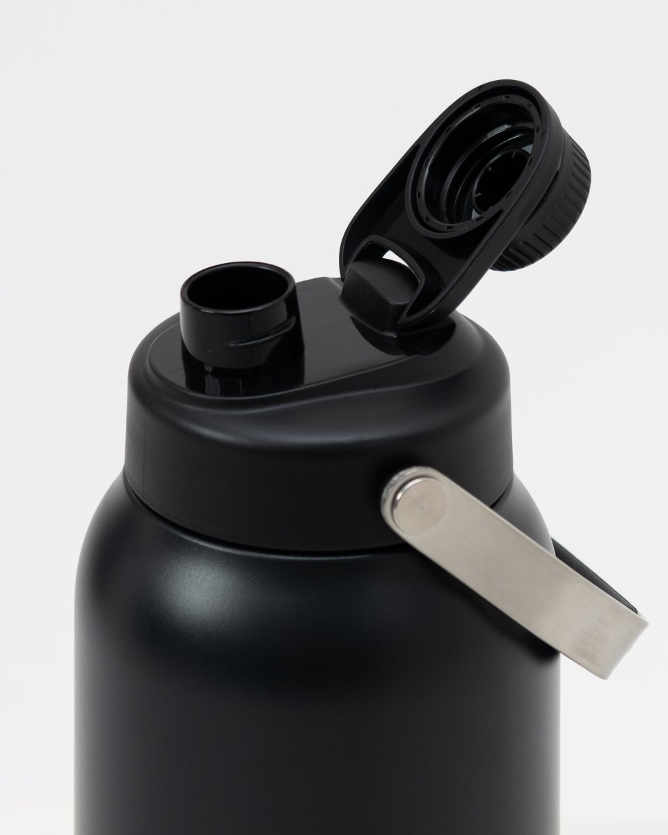 black insulated stainless steel water jug with metal handle